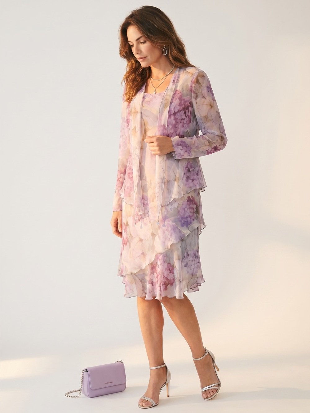 Vtg Ursula of Switzerland 2-Piece Watercolor Hydrangea Midi Dress - Picture 5 of 15